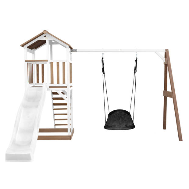 AXI Beach Tower Speeltoestel van hout in Bruin en Wit Speeltoren met zandbak, nestschommel en witte glijbaan