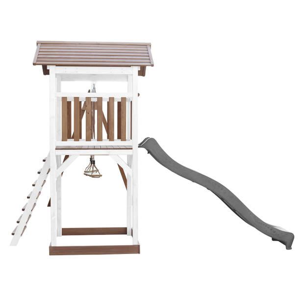 AXI Beach Tower Speeltoestel van hout in Bruin en Wit Speeltoren met zandbak, dubbele schommel en grijze glijbaan