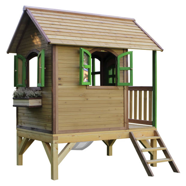 AXI Tom Speelhuis op palen & witte glijbaan Speelhuisje voor de tuin / buiten in bruin & groen van FSC hout