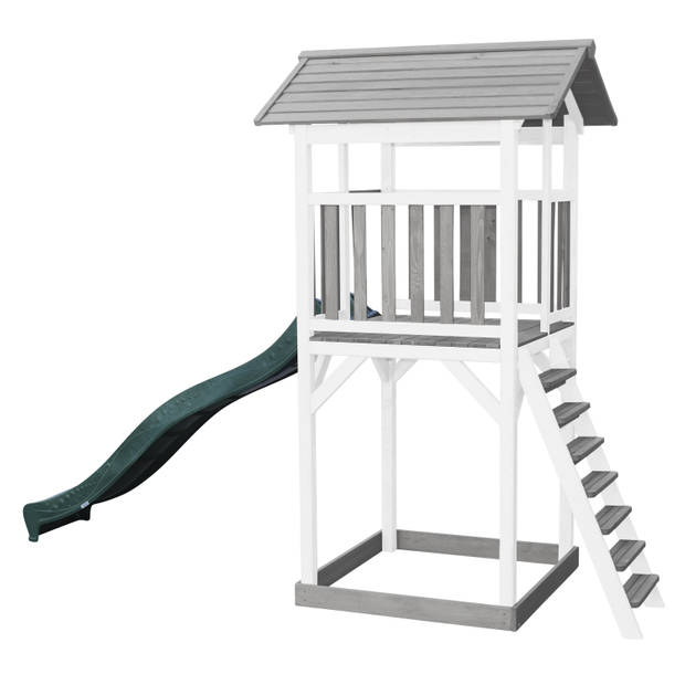 AXI Beach Tower Speeltoestel van hout in Grijs en Wit Speeltoren met zandbak, en groene glijbaan