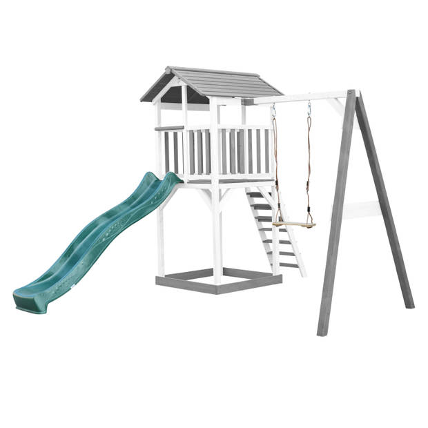 AXI Beach Tower Speeltoestel van hout in Grijs en Wit Speeltoren met zandbak, schommel en groene glijbaan