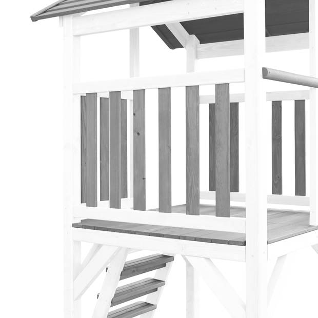 AXI Beach Tower Speeltoestel van hout in Grijs en Wit Speeltoren met zandbak, klimrek, nestschommel en grijze glijbaan