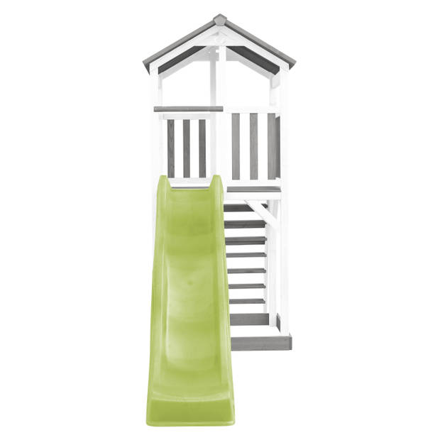 AXI Beach Tower Speeltoestel van hout in Grijs en Wit Speeltoren met zandbak, en limoen groene glijbaan