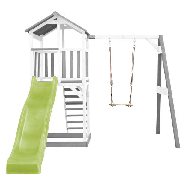 AXI Beach Tower Speeltoestel van hout in Grijs en Wit Speeltoren met zandbak, schommel en limoen groene glijbaan