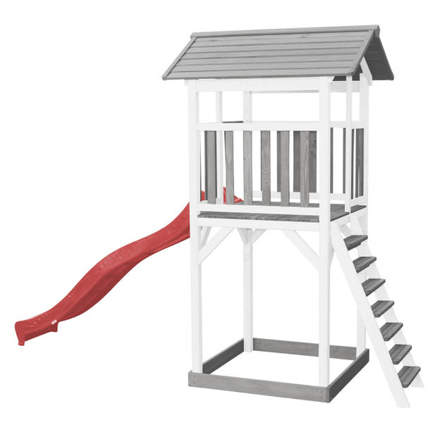 AXI Beach Tower Speeltoestel van hout in Grijs en Wit Speeltoren met zandbak, en rode glijbaan