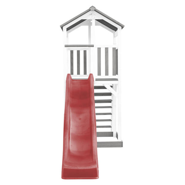 AXI Beach Tower Speeltoestel van hout in Grijs en Wit Speeltoren met zandbak, en rode glijbaan