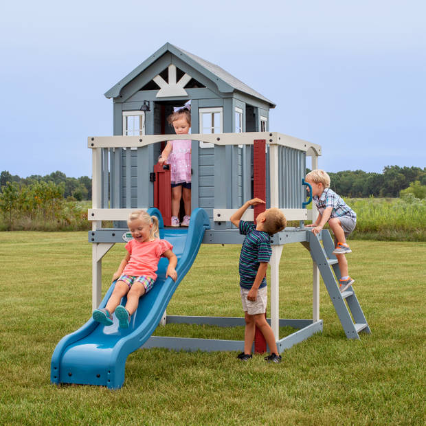 Backyard Discovery Beacon Heights Speelhuis op palen en blauwe glijbaan, speelkeuken, zandbak & veranda Speelhuisje