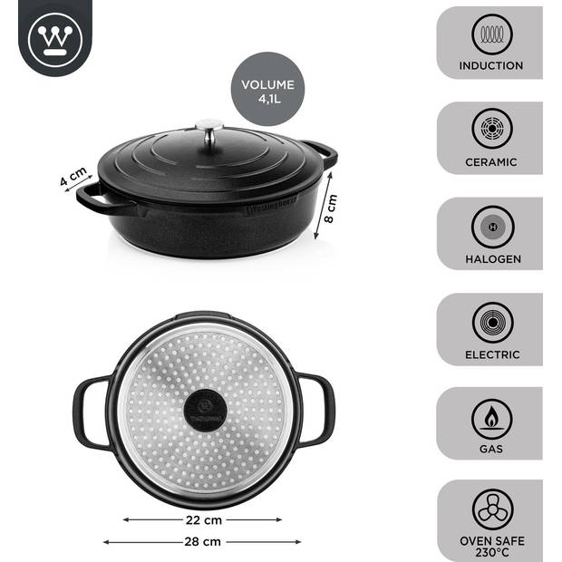 Westinghouse Hapjespan Performance - Blissful Black - ø 28 cm / 4.1 liter - standaard anti-aanbaklaag