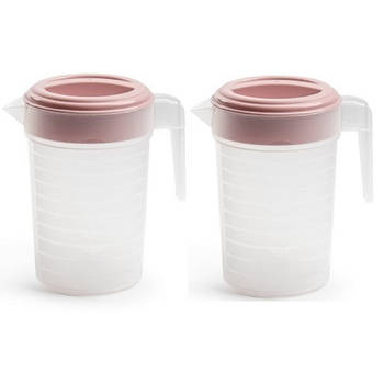 2x stuks waterkan/sapkan transparant/roze met deksel 1 liter kunststof - Schenkkannen