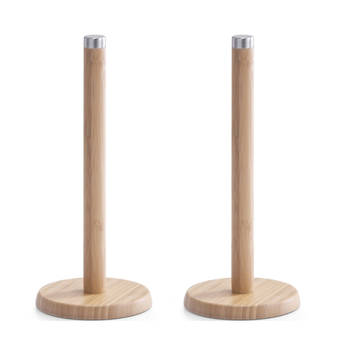 2x Bamboe houten keukenrolhouders rond 14 x 32 cm - Keukenrolhouders