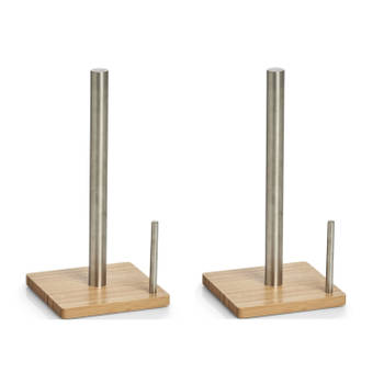2x Bamboe houten keukenrolhouders vierkant 16 x 32,5 cm - Keukenrolhouders