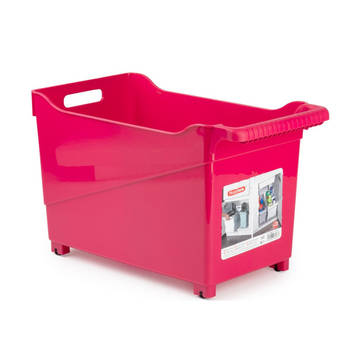 Kunststof trolley fuchsia roze op wieltjes L45 x B24 x H27 cm - Opberg trolley