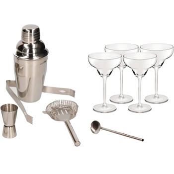 Cocktailshaker set RVS 5-delig inclusief 4x cocktail/margarita glazen 300 ml - Cocktailshakers