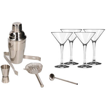 Cocktailshaker set RVS 5-delig inclusief 4x cocktail/martini glazen 260 ml - Cocktailshakers