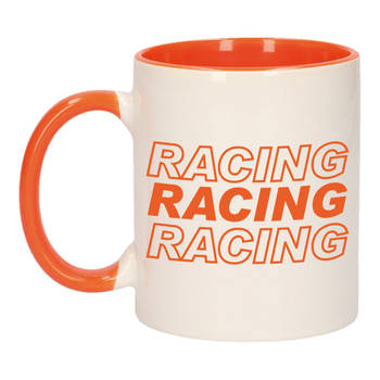Mok/ beker oranje en wit Racing racing racing 300 ml - feest mokken