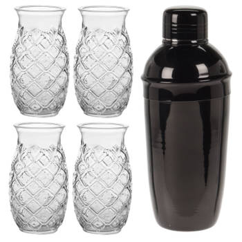 4x Cocktailglazen / Pina Colada glazen transparant 500 ml + Cocktailshaker zwart 500 ml RVS - Cocktailglazen