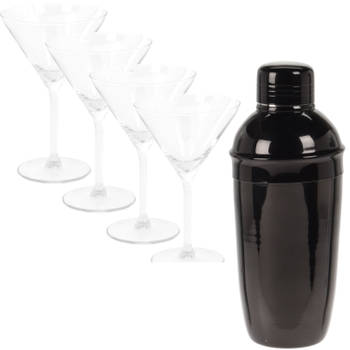 4x Cocktailglazen / martiniglazen 260 ml + cocktailshaker zwart 500 ml RVS - Cocktailglazen