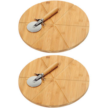 2x Ronde pizza snijplank/serveerplank van bamboe hout 32 cm met pizzames - Serveerplanken