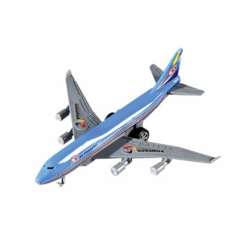 Blauw/wit speelgoed vliegtuig met pull-back functie 14 cm - Speelgoed vliegtuigen