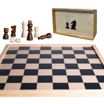 Houten schaakbord/dambord 40 x 40 cm met schaakstukken in opbergkistje - Bordspellen
