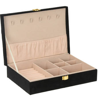 Luxe sieradenbox/juwelendoos zwart fluweel 28 x 19 x 7 cm - Sieradendozen