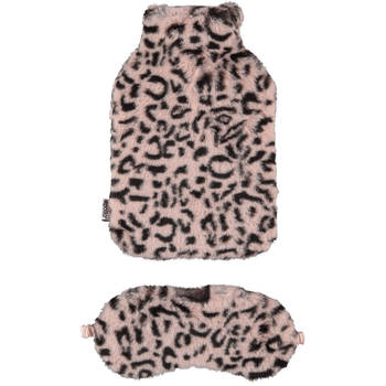 Superzachte fluffy cheetah/luipaard print warmwaterkruik en slaapmasker cadeau set roze - Kruiken