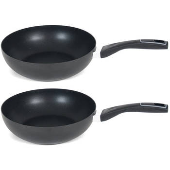 Set van 2x stuks aluminium zwarte wok/wokpan Gusto met anti-aanbak laag 28 cm - Wokpannen