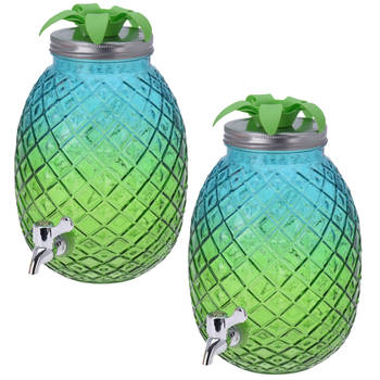 2x Stuks glazen drank dispenser ananas blauw/groen 4,7 liter - Drankdispensers