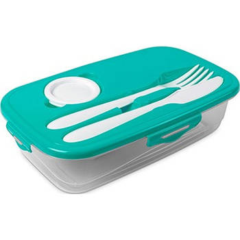 1x Voedsel plastic bewaarbakje 1 liter transparant/turquoise met bestek en dressingbakje - Lunchboxen