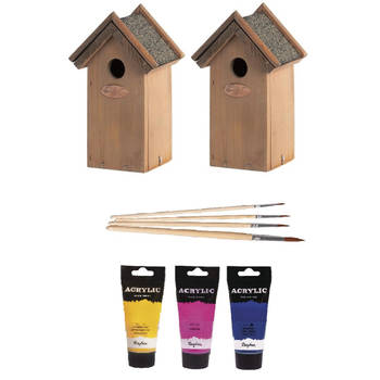 2x Houten vogelhuisje/nestkastje 22 cm - roze/geel/blauw Dhz schilderen pakket - Vogelhuisjes