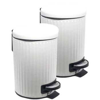 2x Witte badkamer/toilet vuilnisbakken/pedaalemmers Rvs 3 liter 26 cm - Prullenbakken