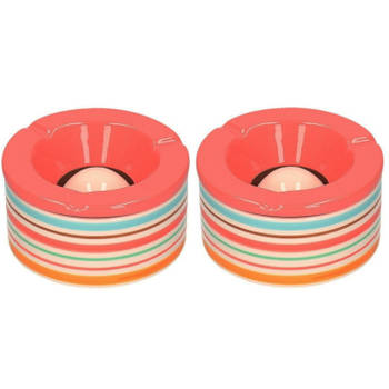 Set van 2x stuks terras asbakken/stormasbakken rond keramiek 14 x 7,5 cm rood met streep - Asbakken