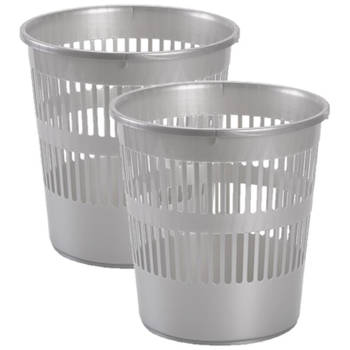 2x stuks afvalbakken/vuilnisbakken/kantoorprullenbakken plastic zilver/grijs 28 cm - Prullenmanden