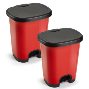 2x Stuks afvalemmer/vuilnisemmer/pedaalemmer 18 liter in het rood/zwart met deksel en pedaal - Pedaalemmers