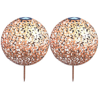 2x Buitenlampen/tuinlampen bollen 28,5 cm koper op steker - Prikspotjes