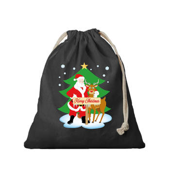 1x Kerst cadeauzak zwart Santa en Rudolf met koord voor als cadeauverpakking - cadeauverpakking kerst