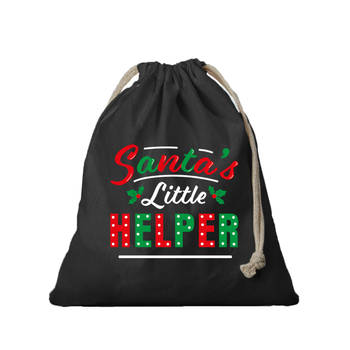 1x Kerst cadeauzak zwart Santa his little helper met koord voor als cadeauverpakking - cadeauverpakking kerst