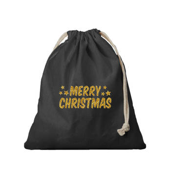 1x Kerst cadeauzak zwart Merry Christmas gouden glitters met koord voor als cadeauverpakking - cadeauverpakking kerst