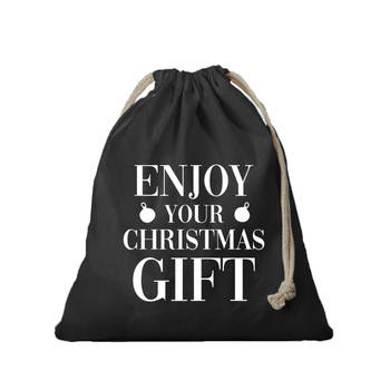 1x Kerst cadeauzak zwart Enjoy your gift met koord voor als cadeauverpakking - cadeauverpakking kerst