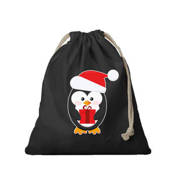 1x Kerst cadeauzak zwart Pinguin met koord voor als cadeauverpakking - cadeauverpakking kerst