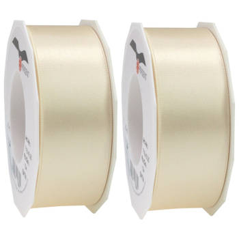 2x Luxe creme satijnen lint rollen breed 4 cm x 25 meter cadeaulint verpakkingsmateriaal - Cadeaulinten