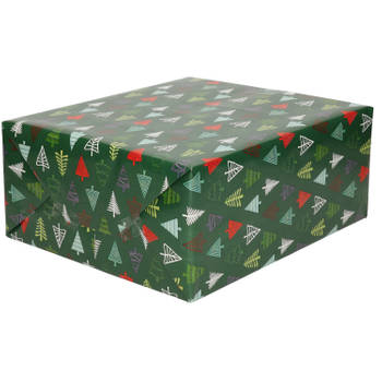 2x Rollen inpakpapier/cadeaupapier Kerst print donkergroen/gekleurde kerstbomen 250 x 70 cm luxe - Cadeaupapier