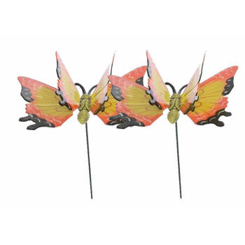 Set van 2x stuks metalen vlinder geel/oranje 11 x 70 cm op steker - Tuinbeelden