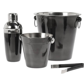 RVS barset / cocktailset / giftset met cocktailshaker 4-delig zwart glans - Cocktailshakers