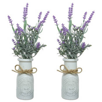 2x stuks lichtpaarse Lavendula/lavendel kunstplant 32 cm in witte pot - Kunstplanten