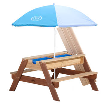 AXI Nick Picknicktafel / Zandtafel / Watertafel voor kinderen in bruin met parasol in blauw/wit Multifunctionele