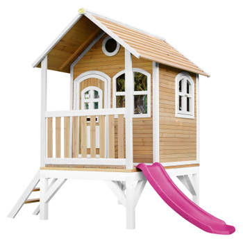 AXI Tom Speelhuis op palen & paarse glijbaan Speelhuisje voor de tuin / buiten in bruin & wit van FSC hout