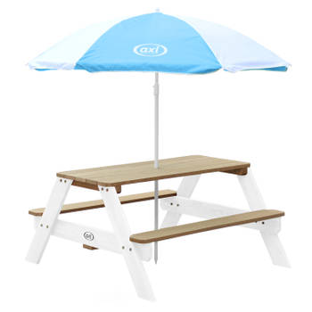 AXI Nick Picknicktafel voor kinderen in bruin/wit met parasol in blauw/wit Picknick tafel van hout in diverse kleuren