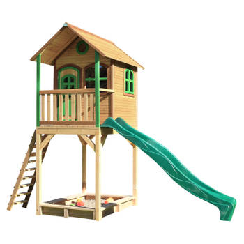 AXI Romy Speelhuis op palen, zandbak & groene glijbaan Speelhuisje voor de tuin / buiten in bruin & groen van FSC hout