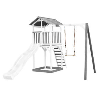 AXI Beach Tower Speeltoestel van hout in Grijs en Wit Speeltoren met zandbak, schommel en witte glijbaan